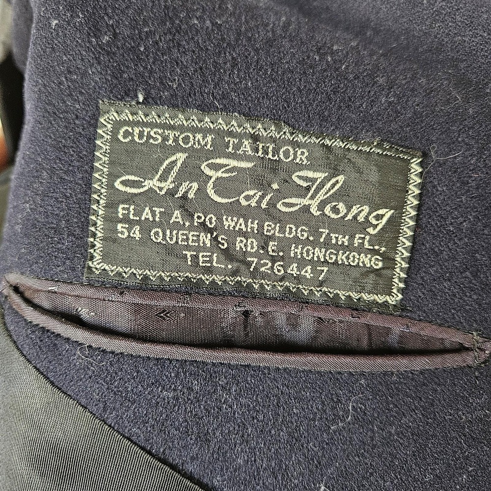 Vtg 50s An Tai Hong Custom Tailored Mens Navy Wool Blazer Jacket Crest Hong Kong - Picture 6 of 8
